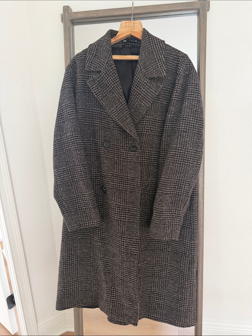 Zara Men’s Black & Gray Plaid Double-Breasted Trench Coat